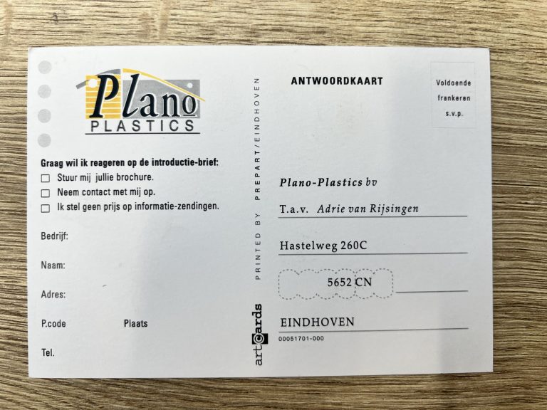Oude antwoordkaart van Plano Plastics met het adres Hastelweg 260C in Eindhoven